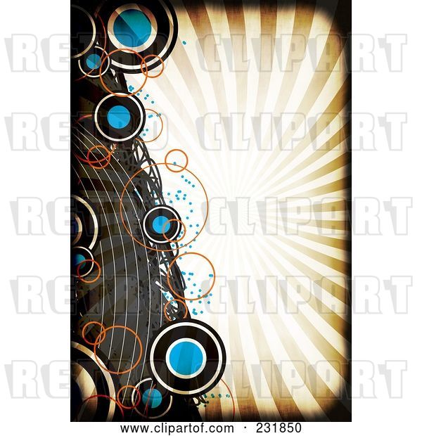 Clip Art of Retro Grungy Background of Circles and Curves over Rays with a Black Grunge Border