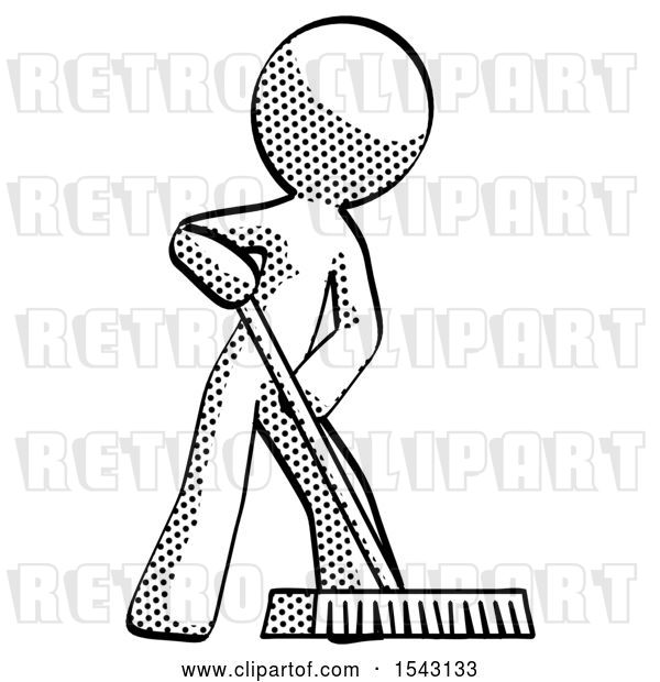 Clip Art of Retro Guy Cleaning Services Janitor Sweeping Floor with Push Broom