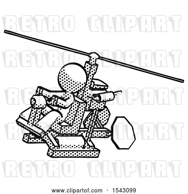 Clip Art of Retro Guy Flying in Gyrocopter Front Side Angle Top View