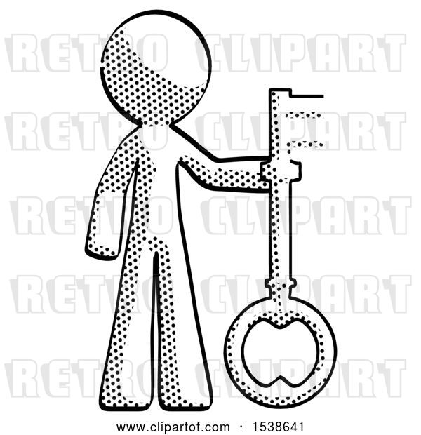 Clip Art of Retro Guy Holding Key Made of Gold