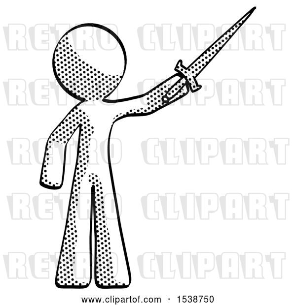 Clip Art of Retro Guy Holding Sword in the Air Victoriously