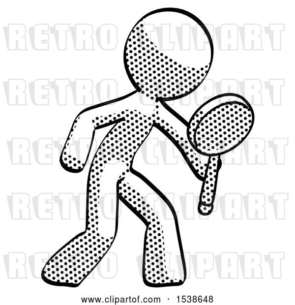 Clip Art of Retro Guy Inspecting with Large Magnifying Glass Right