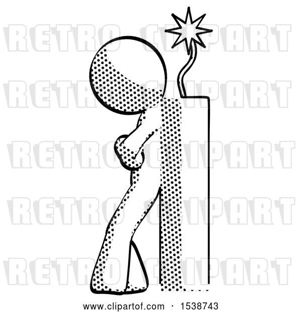 Clip Art of Retro Guy Leaning Against Dynimate, Large Stick Ready to Blow