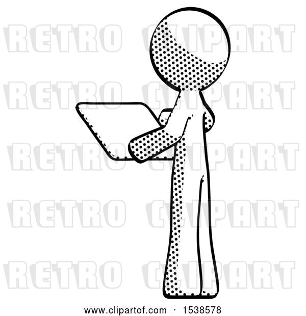 Clip Art of Retro Guy Looking at Tablet Device Computer with Back to Viewer