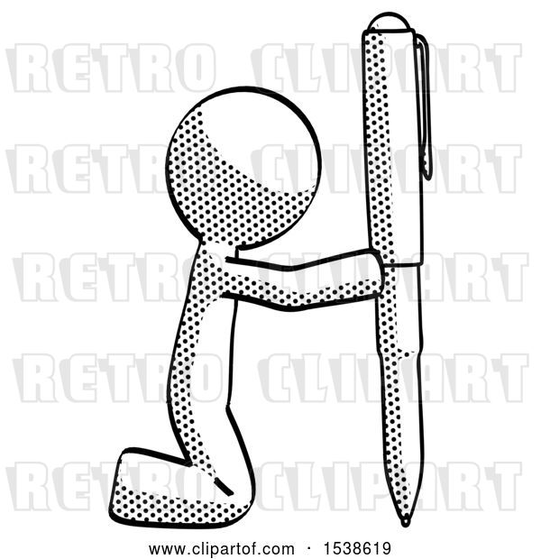 Clip Art of Retro Guy Posing with Giant Pen in Powerful yet Awkward Manner.