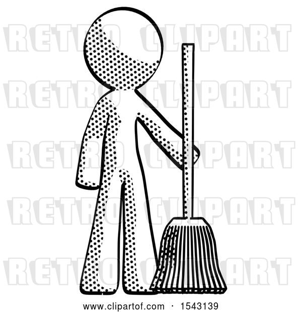 Clip Art of Retro Guy Standing with Broom Cleaning Services