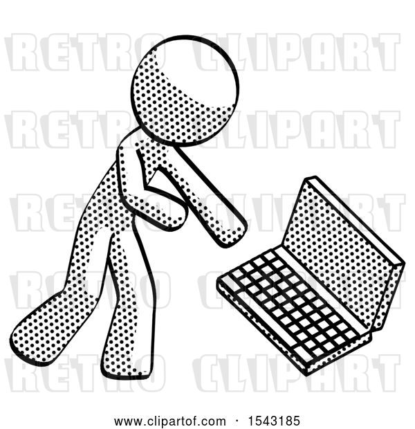 Clip Art of Retro Guy Throwing Laptop Computer in Frustration
