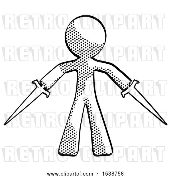 Clip Art of Retro Guy Two Sword Defense Pose