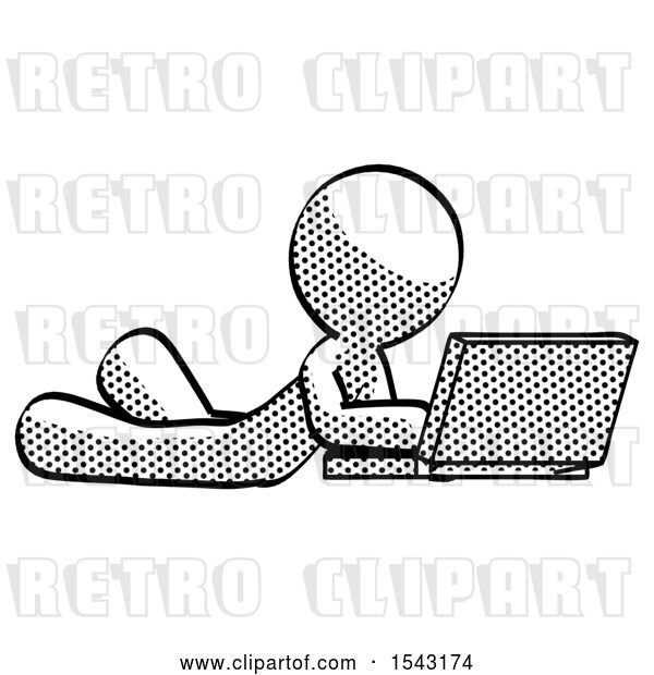 Clip Art of Retro Guy Using Laptop Computer While Lying on Floor Side Angled View