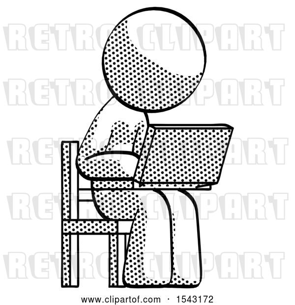 Clip Art of Retro Guy Using Laptop Computer While Sitting in Chair Angled Right