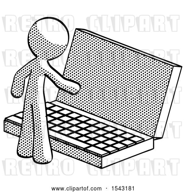 Clip Art of Retro Guy Using Large Laptop Computer