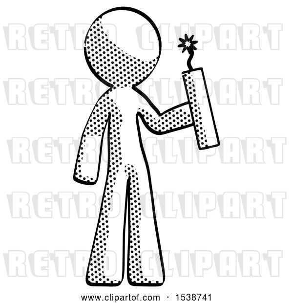 Clip Art of Retro Halftone Design Mascot Guy Holding Dynamite with Fuse Lit