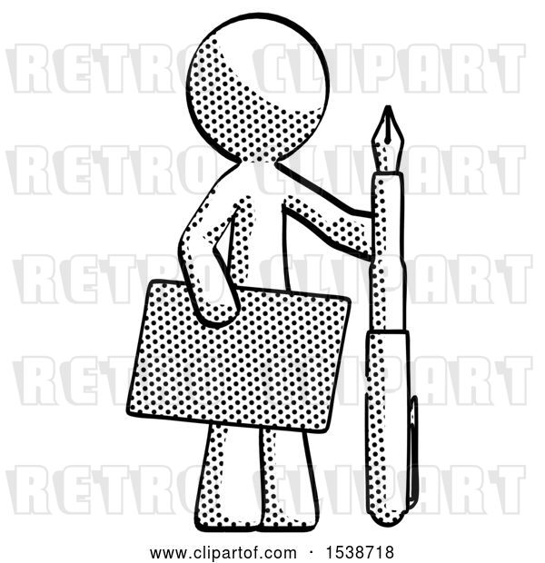 Clip Art of Retro Halftone Design Mascot Guy Holding Large Envelope and Calligraphy Pen