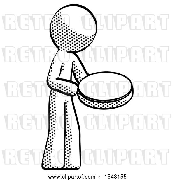 Clip Art of Retro Halftone Design Mascot Guy Looking at Large Compass Facing Right