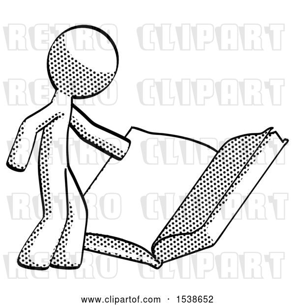 Clip Art of Retro Halftone Design Mascot Guy Reading Big Book While Standing Beside It