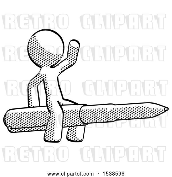 Clip Art of Retro Halftone Design Mascot Guy Riding a Pen like a Giant Rocket