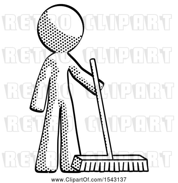 Clip Art of Retro Halftone Design Mascot Guy Standing with Industrial Broom