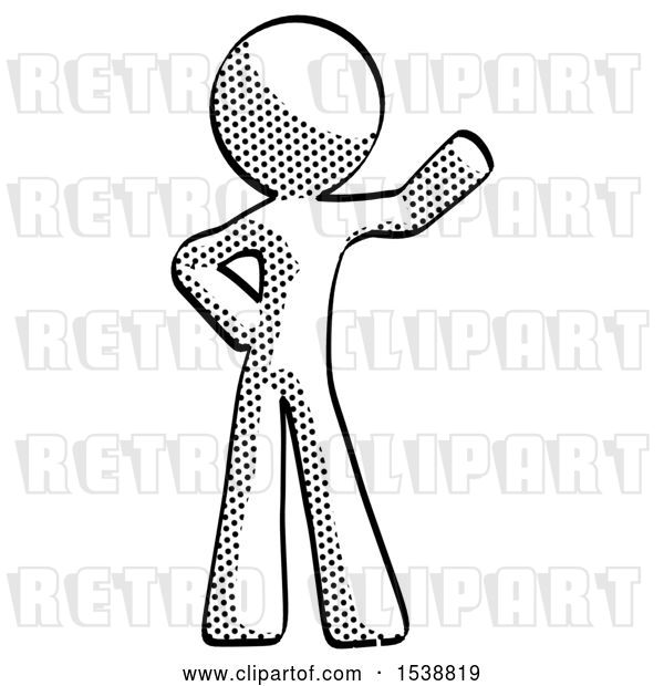 Clip Art of Retro Halftone Design Mascot Guy Waving Left Arm with Hand on Hip