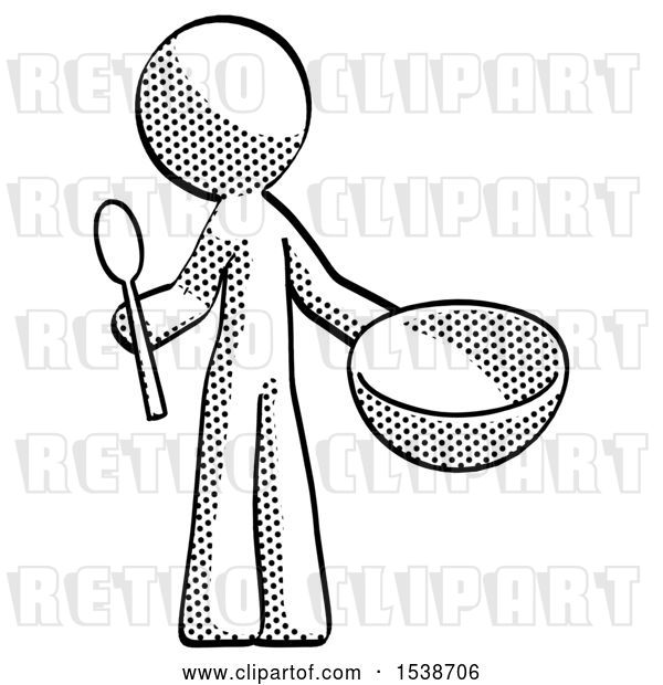 Clip Art of Retro Halftone Design Mascot Guy with Empty Bowl and Spoon Ready to Make Something