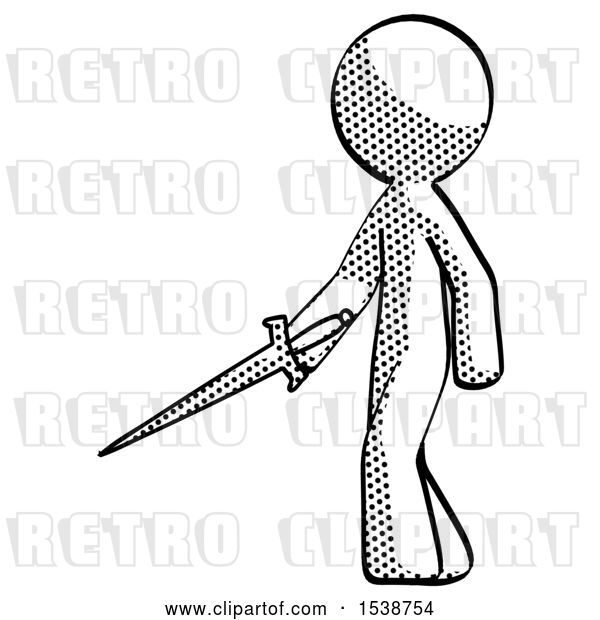 Clip Art of Retro Halftone Design Mascot Guy with Sword Walking Confidently