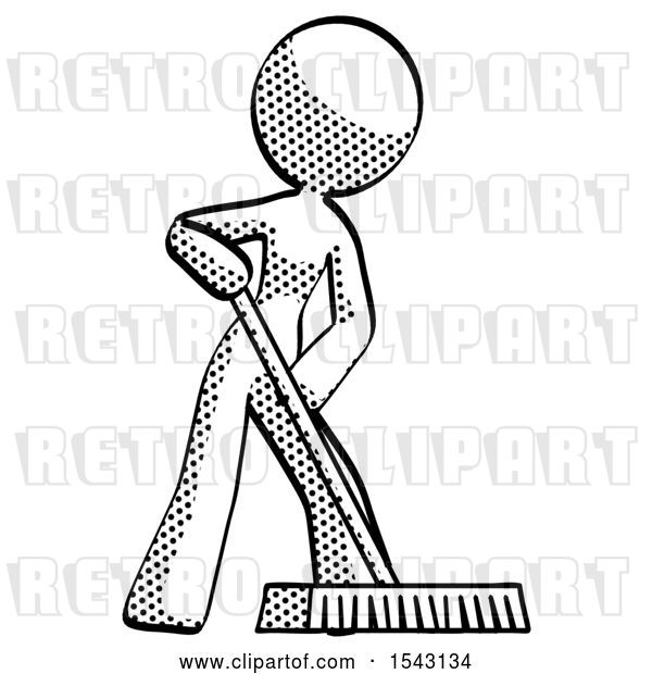 Clip Art of Retro Halftone Design Mascot Lady Cleaning Services Janitor Sweeping Floor with Push Broom