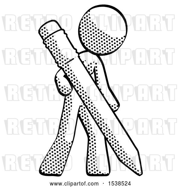 Clip Art of Retro Halftone Design Mascot Lady Drawing with Large Pencil