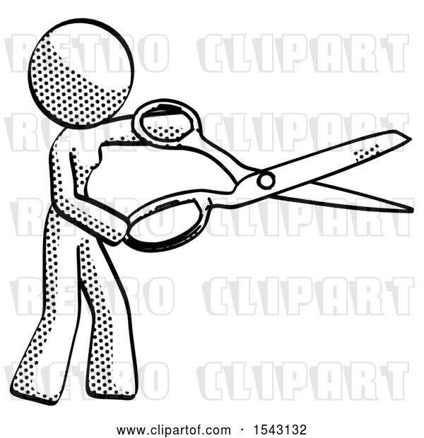 Clip Art of Retro Halftone Design Mascot Lady Holding Giant Scissors Cutting out Something