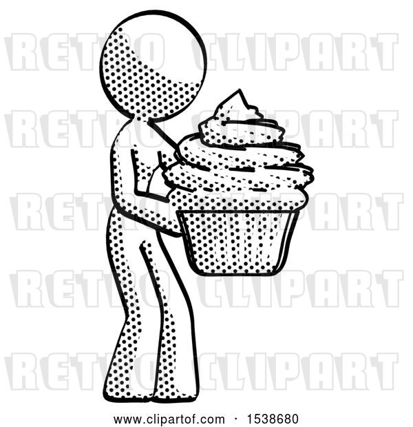 Clip Art of Retro Halftone Design Mascot Lady Holding Large Cupcake Ready to Eat or Serve