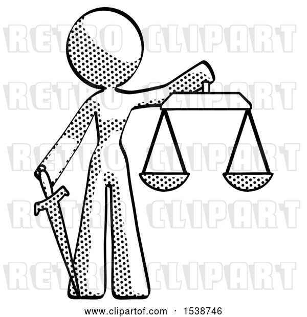 Clip Art of Retro Halftone Design Mascot Lady Justice Concept with Scales and Sword, Justicia Derived