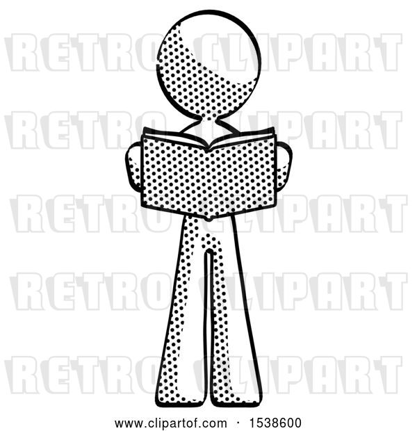 Clip Art of Retro Halftone Design Mascot Lady Reading Book While Standing up Facing Viewer