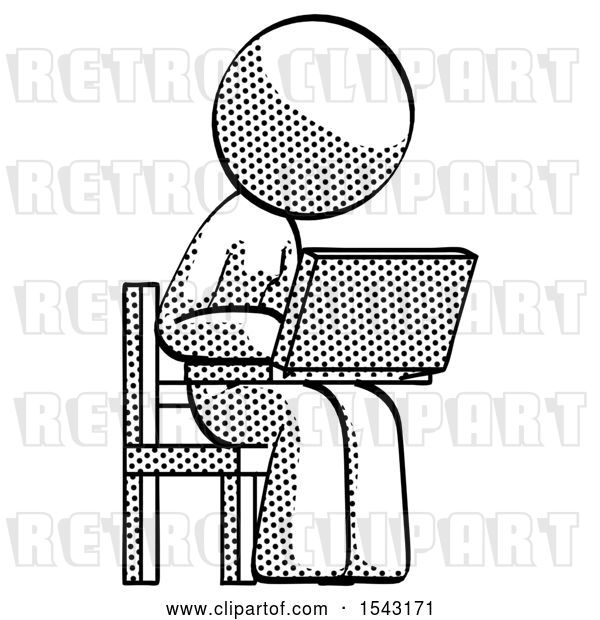 Clip Art of Retro Halftone Design Mascot Lady Using Laptop Computer While Sitting in Chair Angled Right