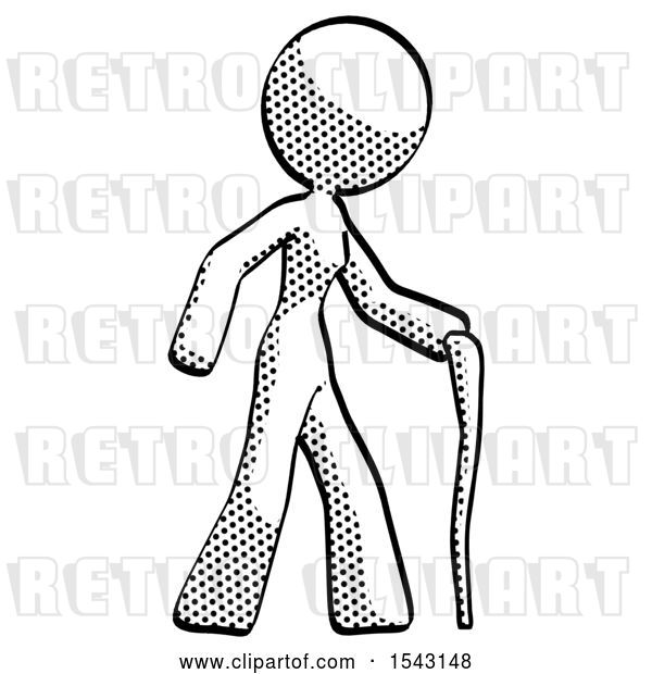 Clip Art of Retro Halftone Design Mascot Lady Walking with Hiking Stick