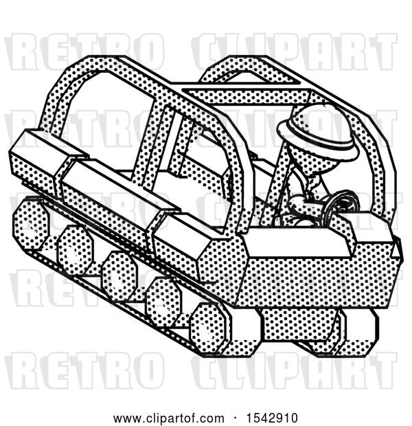 Clip Art of Retro Halftone Explorer Ranger Guy Driving Amphibious Tracked Vehicle Top Angle View