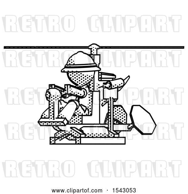Clip Art of Retro Halftone Explorer Ranger Guy Flying in Gyrocopter Front Side Angle View