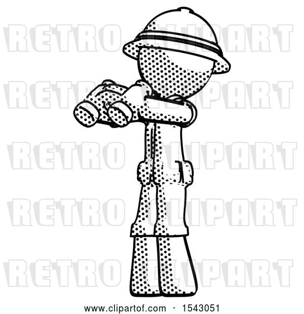 Clip Art of Retro Halftone Explorer Ranger Guy Holding Binoculars Ready to Look Left