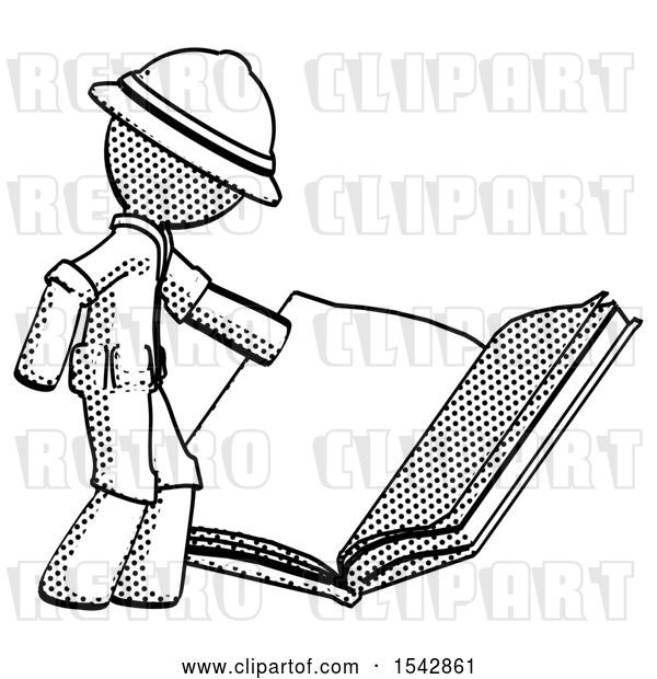 Clip Art of Retro Halftone Explorer Ranger Guy Reading Big Book While Standing Beside It