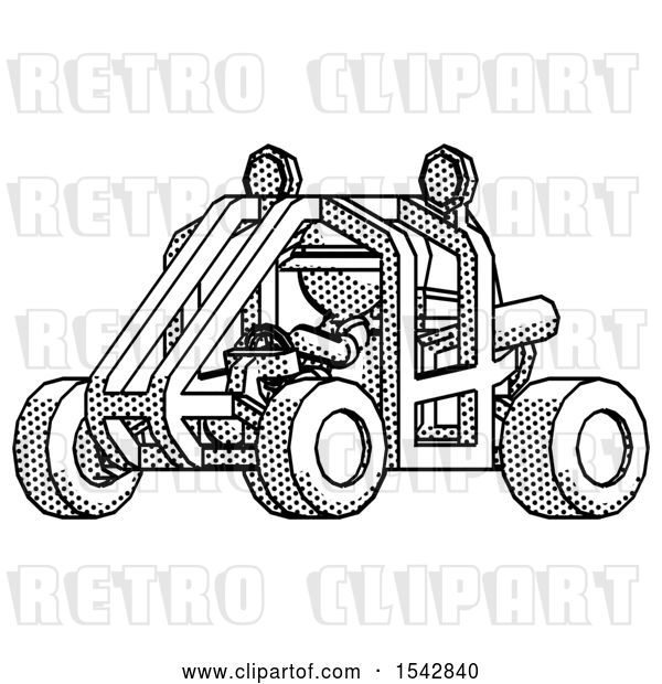 Clip Art of Retro Halftone Explorer Ranger Guy Riding Sports Buggy Side Angle View