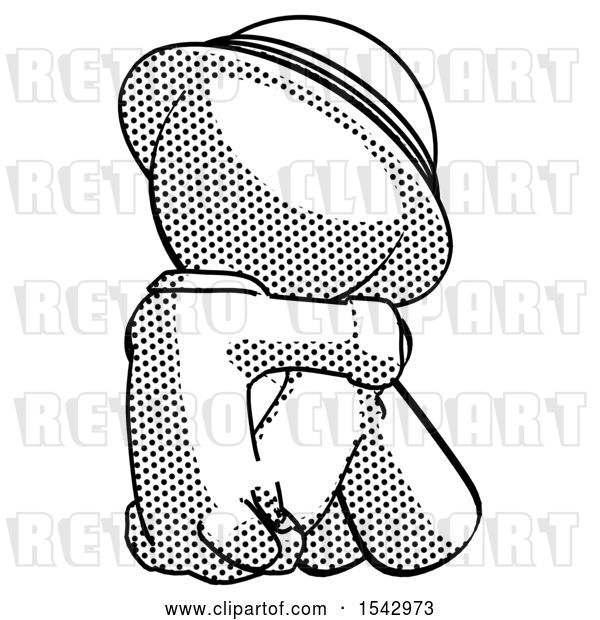 Clip Art of Retro Halftone Explorer Ranger Guy Sitting with Head down Back View Facing Right