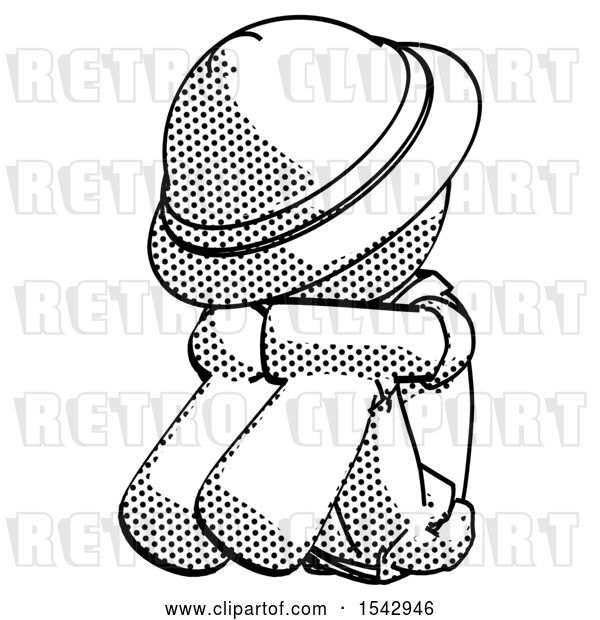 Clip Art of Retro Halftone Explorer Ranger Guy Sitting with Head down Facing Angle Left