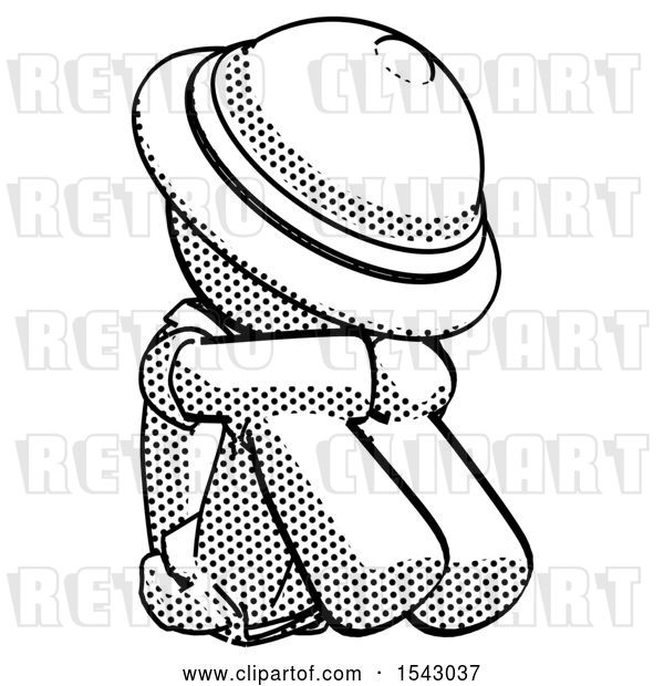 Clip Art of Retro Halftone Explorer Ranger Guy Sitting with Head down Facing Angle Right