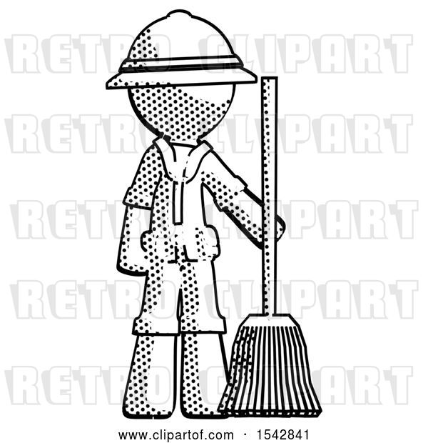 Clip Art of Retro Halftone Explorer Ranger Guy Standing with Broom Cleaning Services