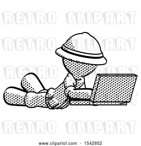 Clip Art of Retro Halftone Explorer Ranger Guy Using Laptop Computer While Lying on Floor Side Angled View