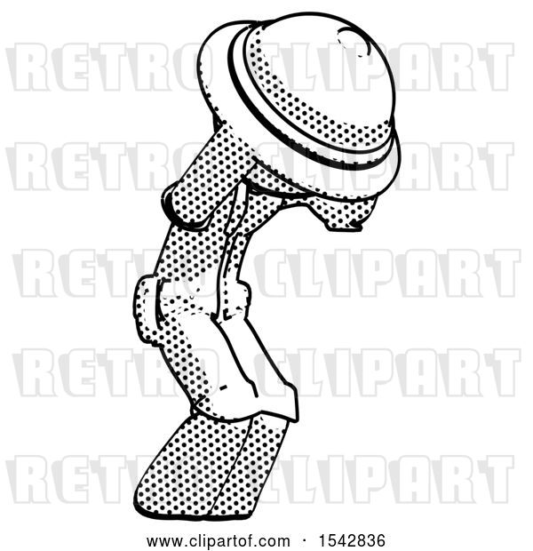 Clip Art of Retro Halftone Explorer Ranger Guy with Headache or Covering Ears Turned to His Right