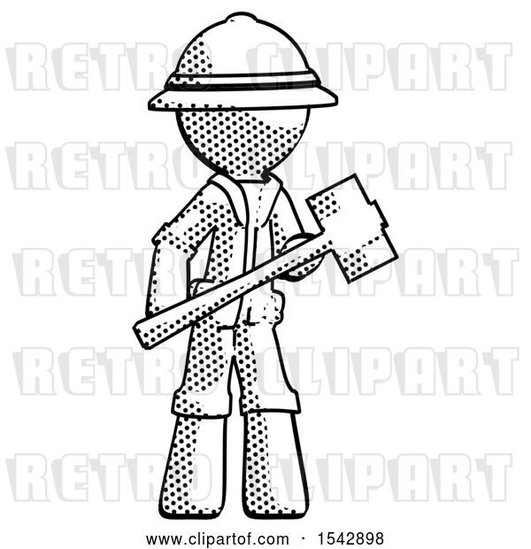 Clip Art of Retro Halftone Explorer Ranger Guy with Sledgehammer Standing Ready to Work or Defend