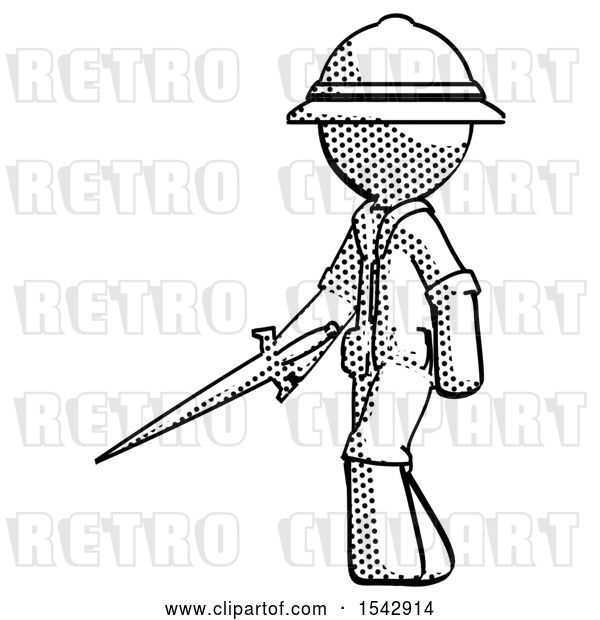 Clip Art of Retro Halftone Explorer Ranger Guy with Sword Walking Confidently