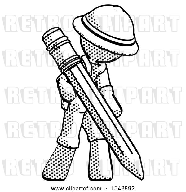 Clip Art of Retro Halftone Explorer Ranger Guy Writing with Large Pencil