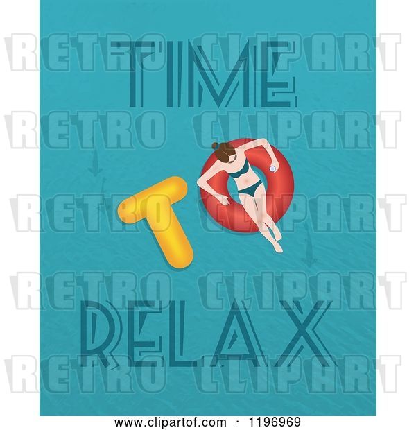 Clip Art of Retro Lady Floating on an Inner Tube with Time to Relax Text
