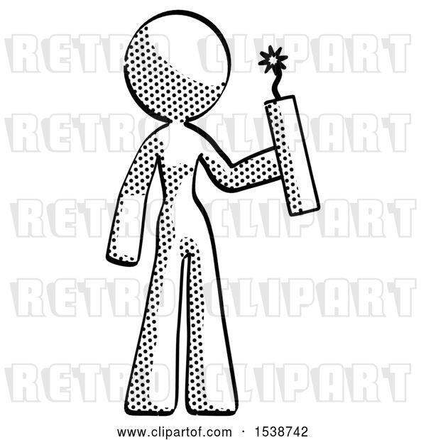 Clip Art of Retro Lady Holding Dynamite with Fuse Lit