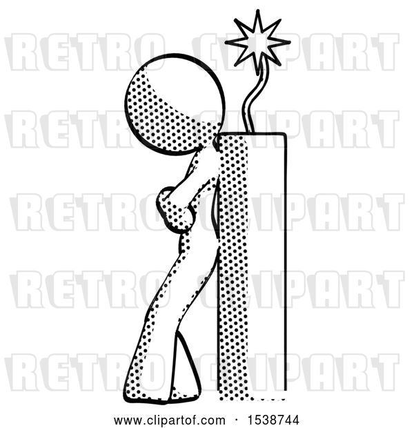 Clip Art of Retro Lady Leaning Against Dynimate, Large Stick Ready to Blow