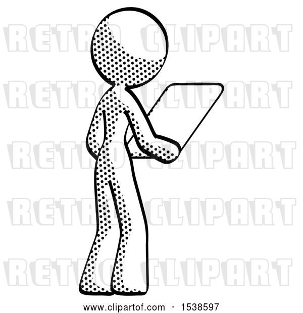 Clip Art of Retro Lady Looking at Tablet Device Computer Facing Away
